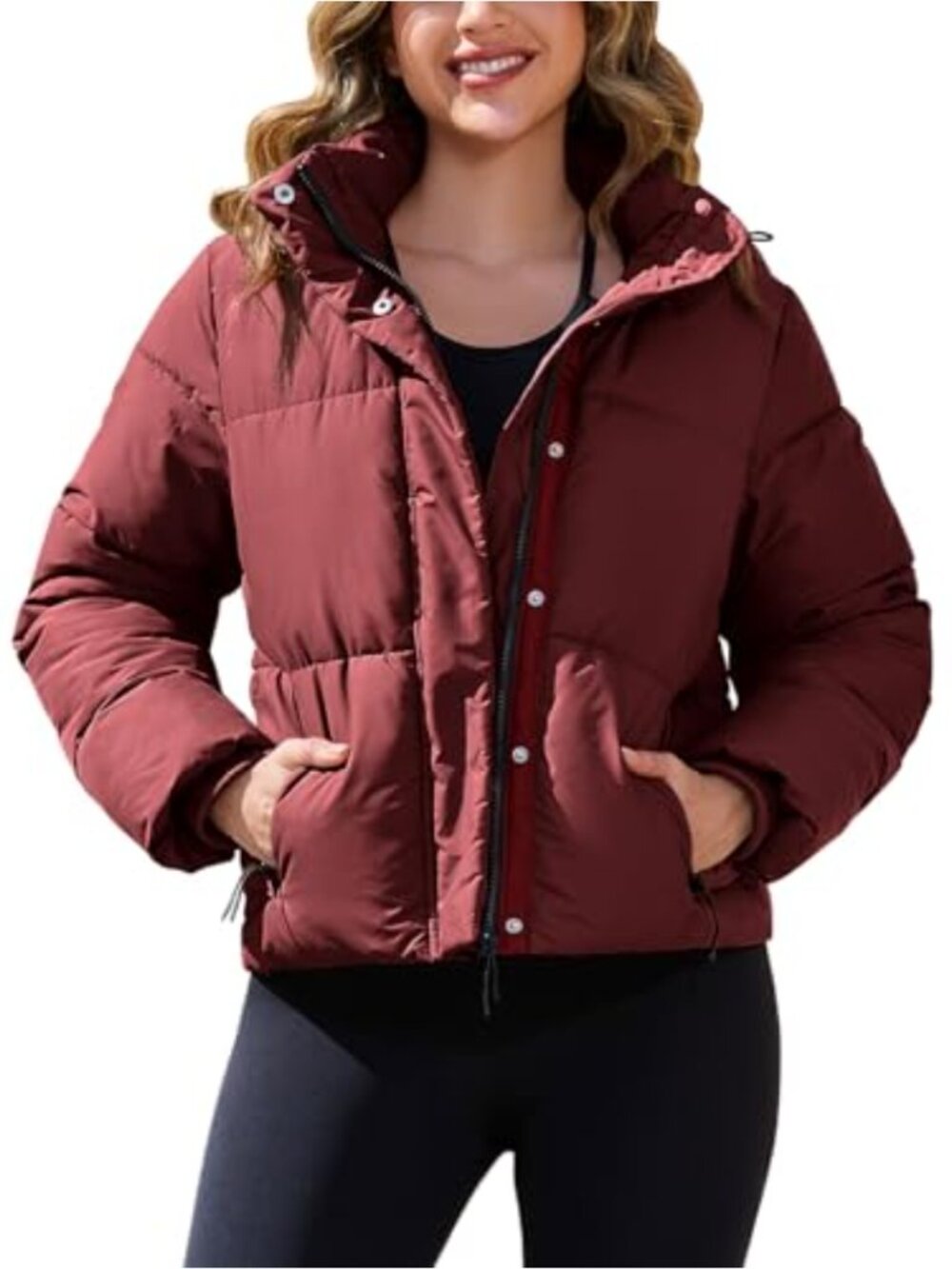 Cropped Puffer Jacket Full Zip Thicken Coat Detachable Hood